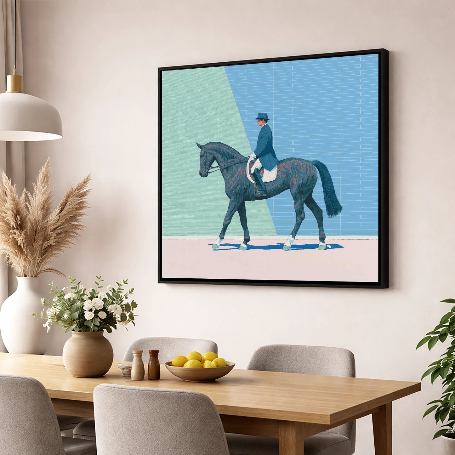 Rhythmic Precision dressage horse wall art displayed in a dining room