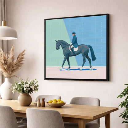 Rhythmic Precision dressage horse wall art displayed in a dining room
