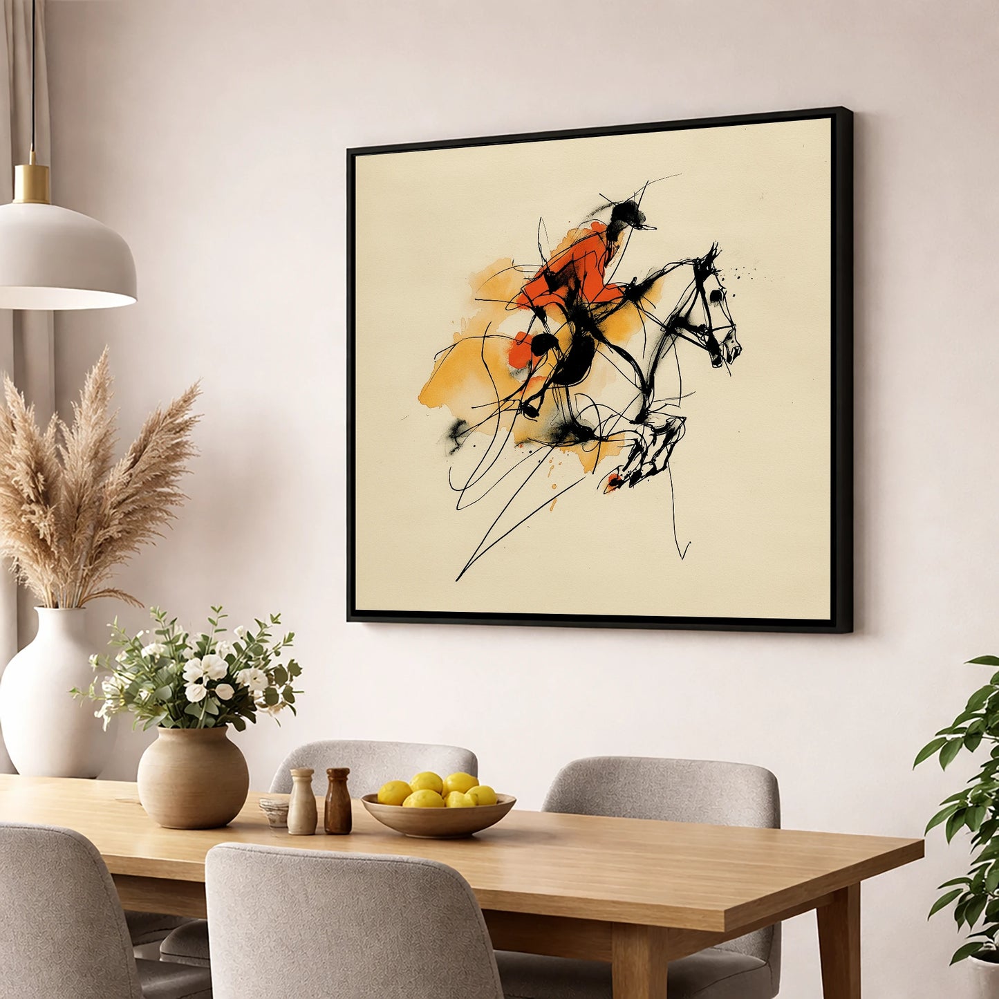 Vivid Leap show jumping horse wall art displayed in a dining room