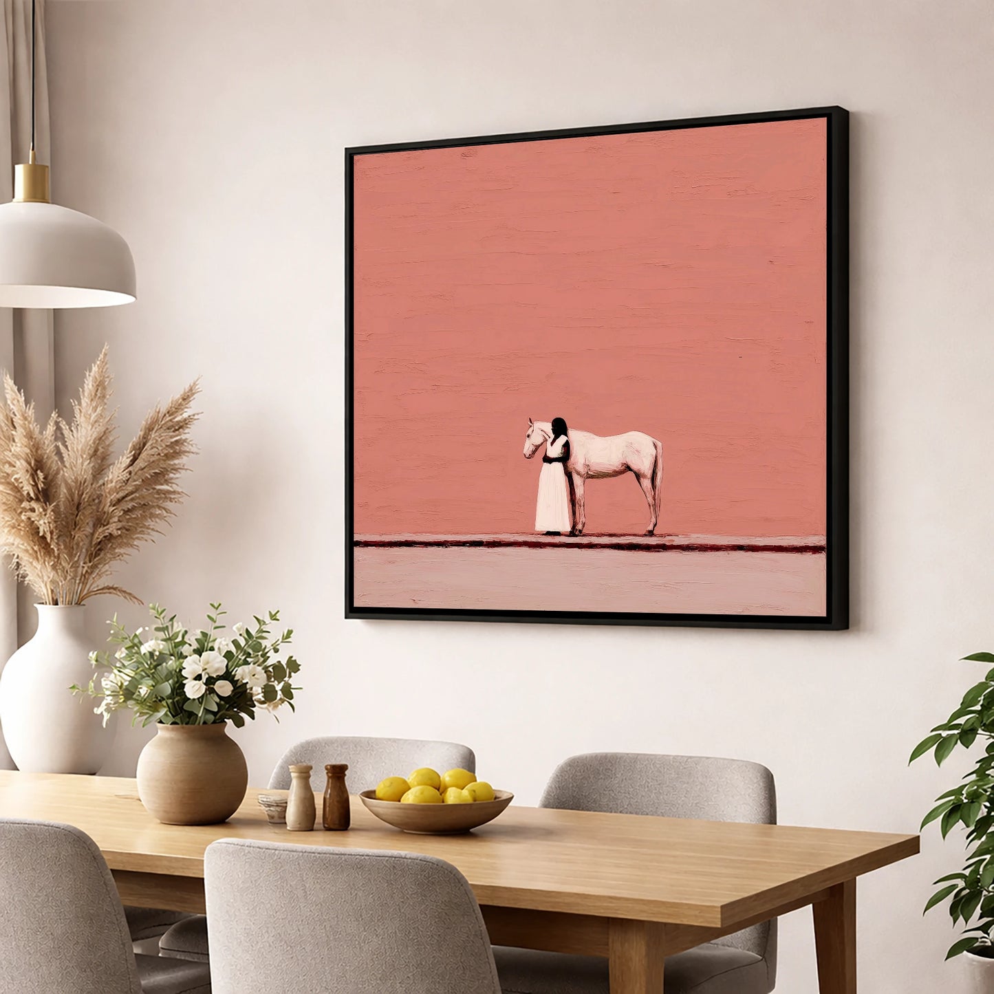 Stillness in Terracotta horse & rider wall art displayed in a dining room