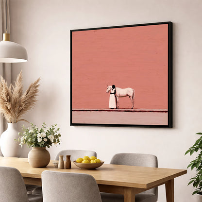 Stillness in Terracotta horse & rider wall art displayed in a dining room