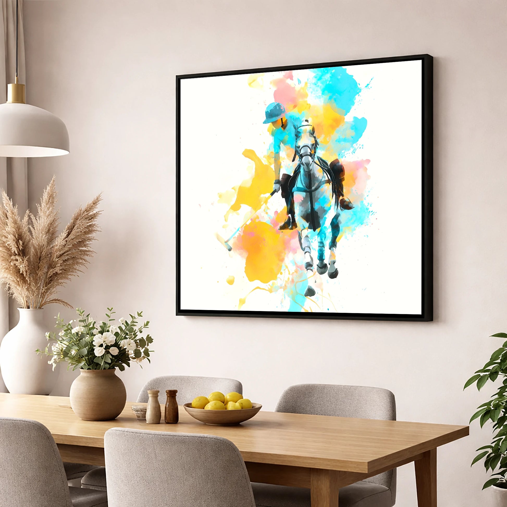 The Perfect Strike polo horse wall art displayed in a dining room