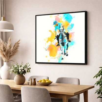 The Perfect Strike polo horse wall art displayed in a dining room