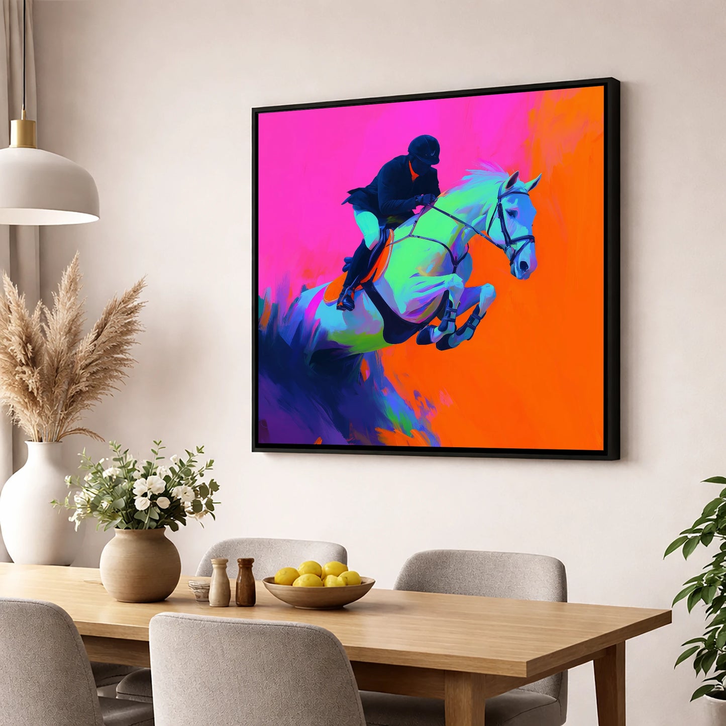 Electric Flight show jumping horse wall art displayed in a dining room