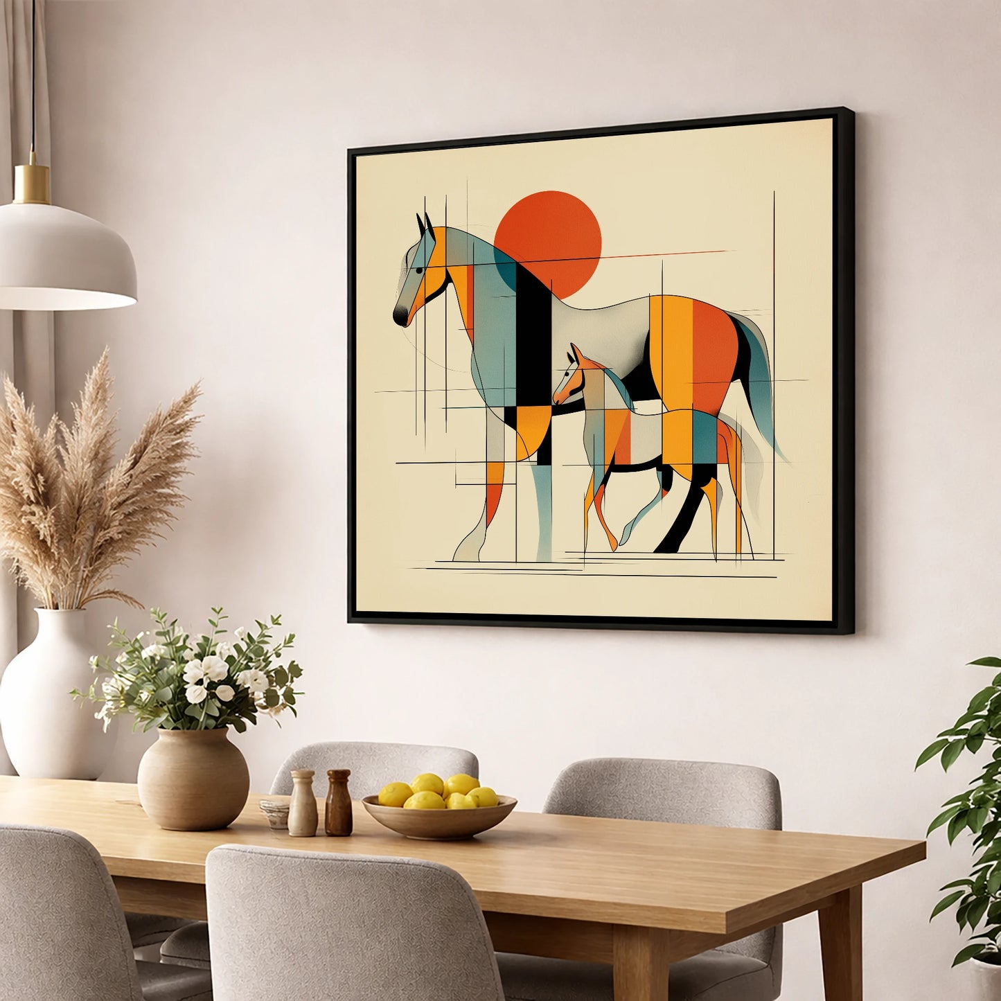 Harmony in Form mare & foal wall art displayed in a dining room