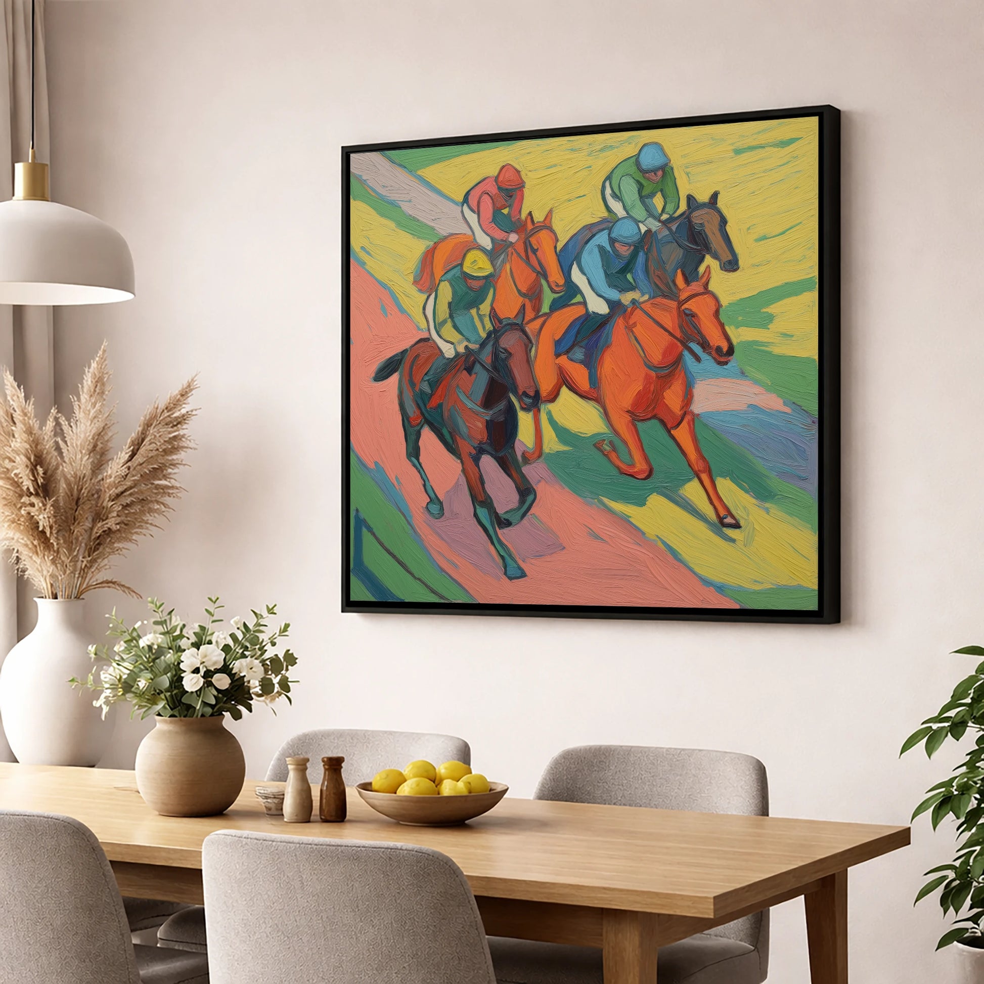 Colours of the Turf racing horse wall art displayed in a dining room