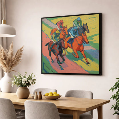 Colours of the Turf racing horse wall art displayed in a dining room