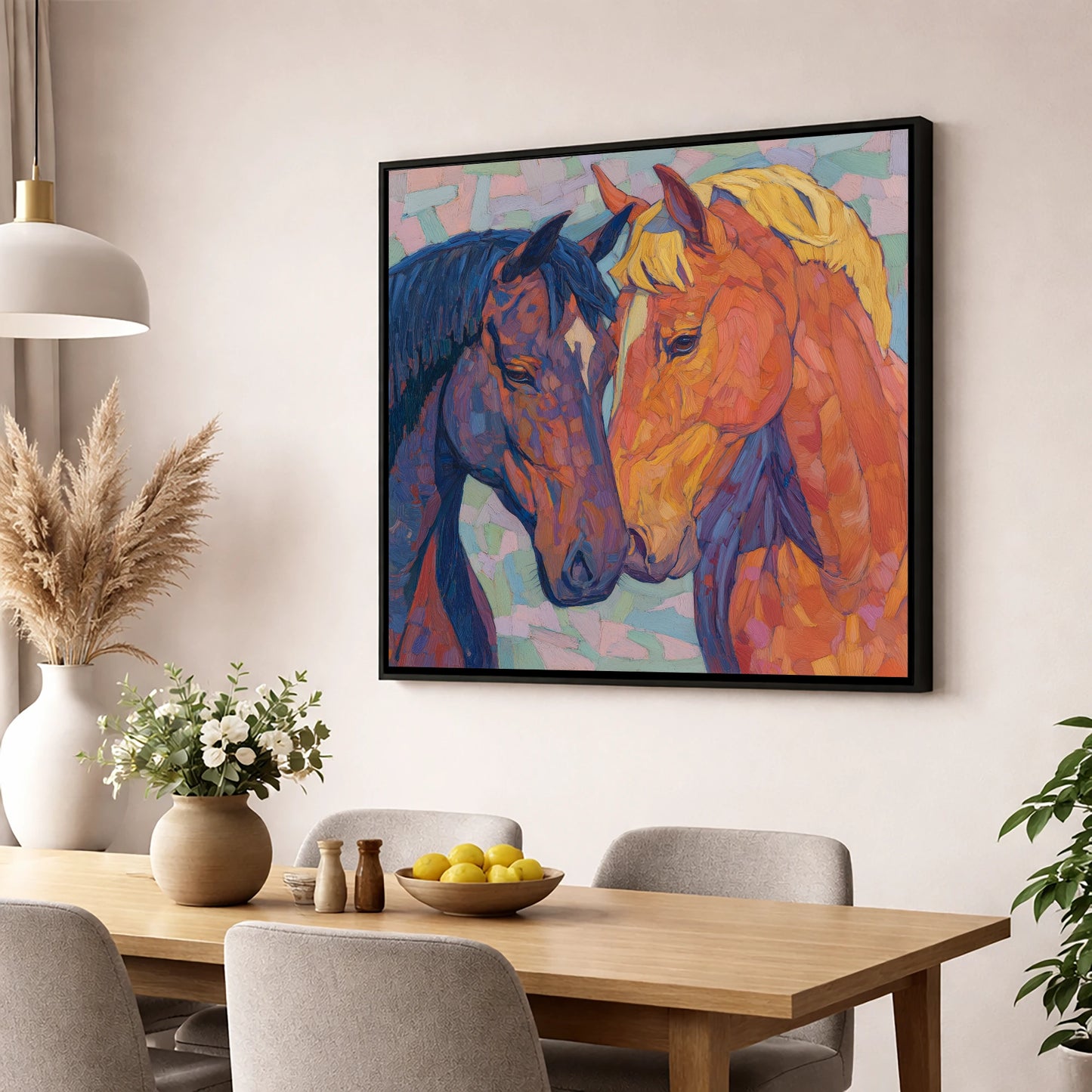 Kindred Spirits horse portrait wall art displayed in a dining room