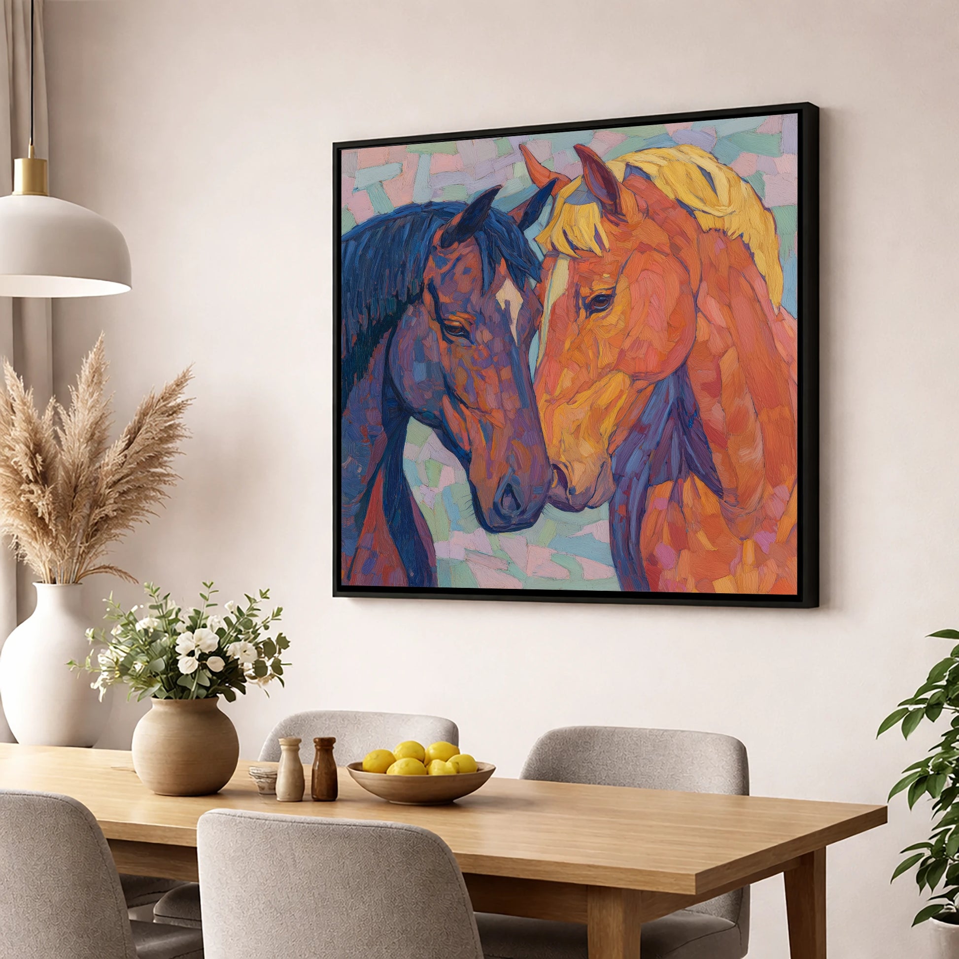 Kindred Spirits horse portrait wall art displayed in a dining room