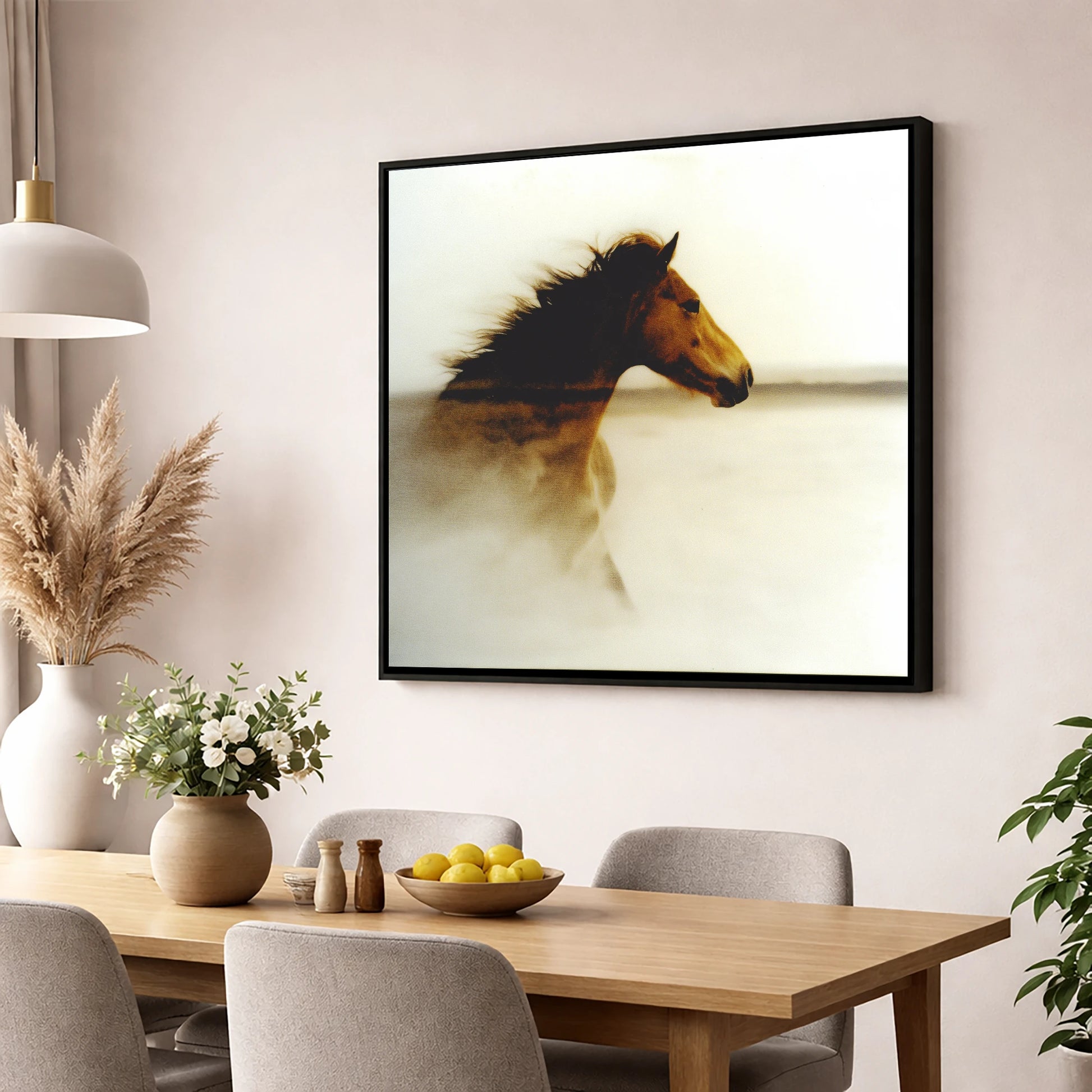 Ethereal Horizon horse portrait wall art displayed in a dining room