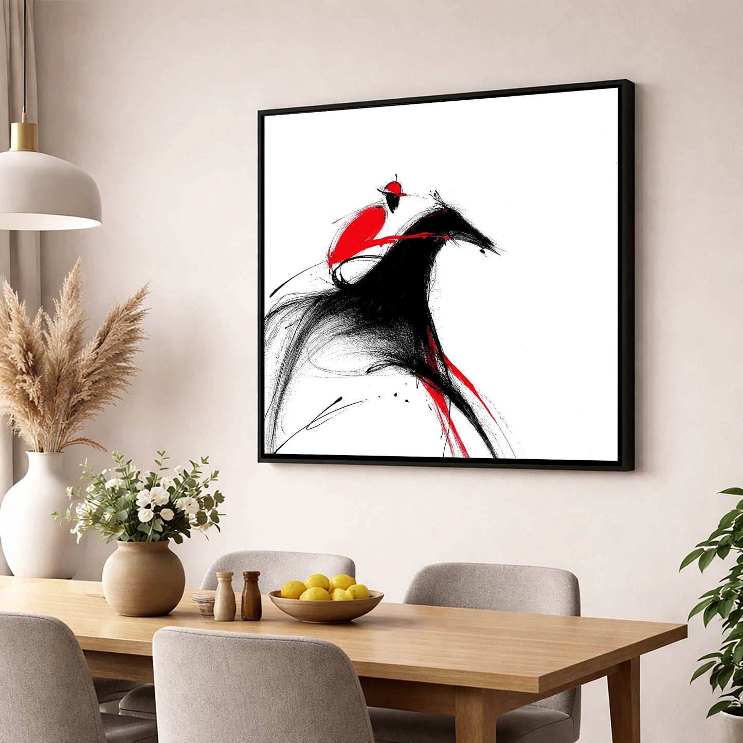 Crimson Pace racing horse wall art displayed in a dining room