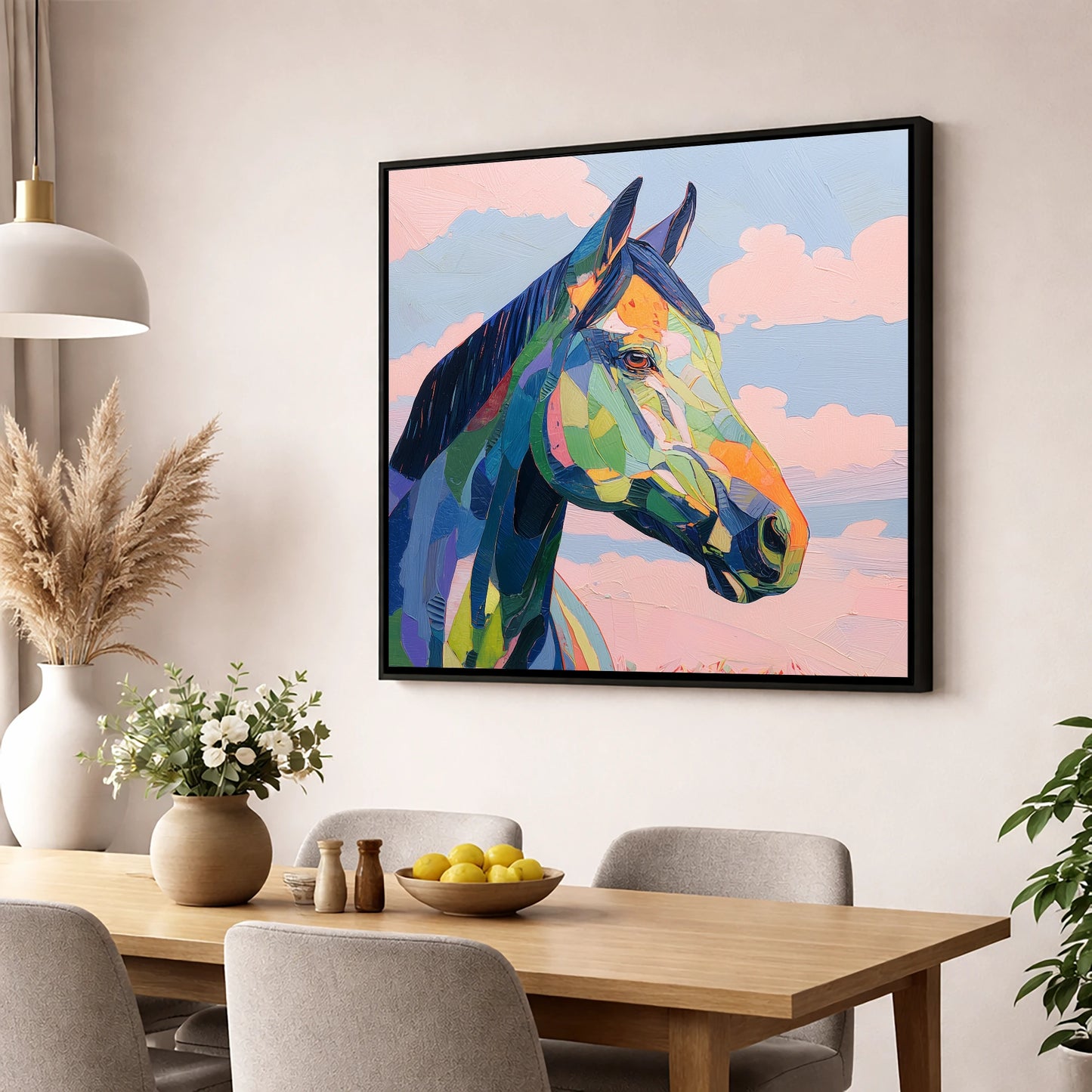 Prismatic Equine Spirit horse portrait wall art displayed in a dining room