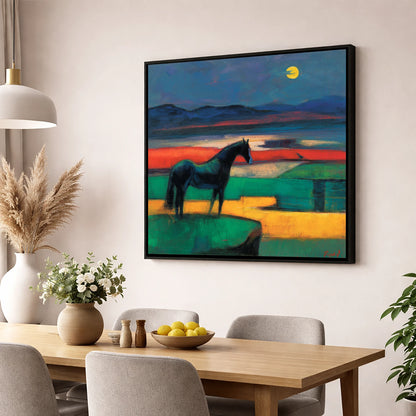 Midnight Solitude horse landscape wall art displayed in a dining room