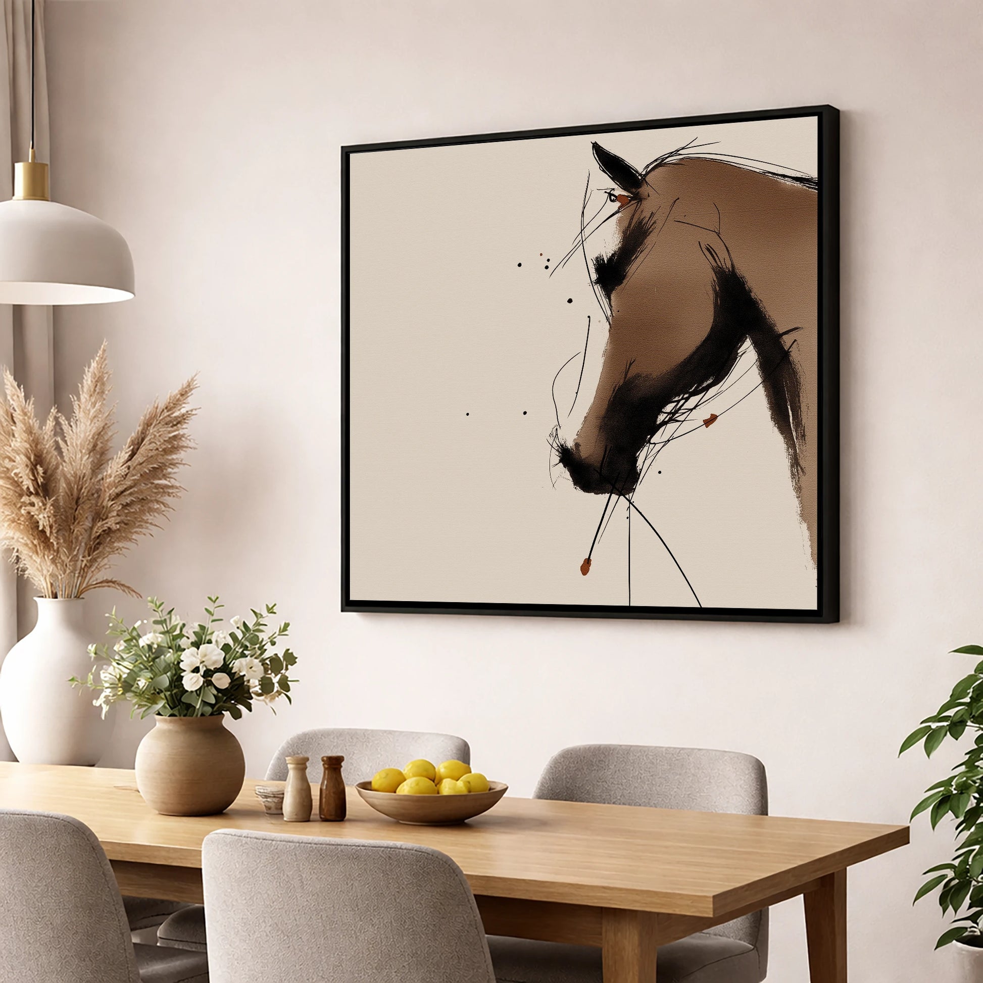 Sepia Ink Profile horse portrait wall art displayed in a dining room