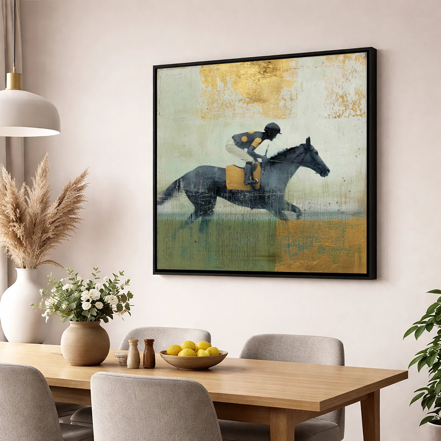 The Golden Furlong racing horse wall art displayed in a dining room