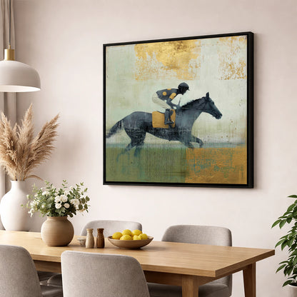 The Golden Furlong racing horse wall art displayed in a dining room