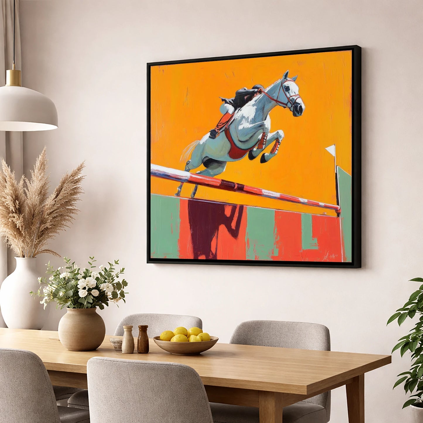 Power In Flight show jumping horse wall art displayed in a dining room