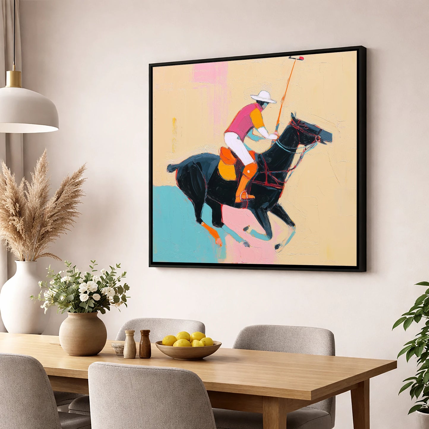Vibrant Polo Strike polo horse wall art displayed in a dining room