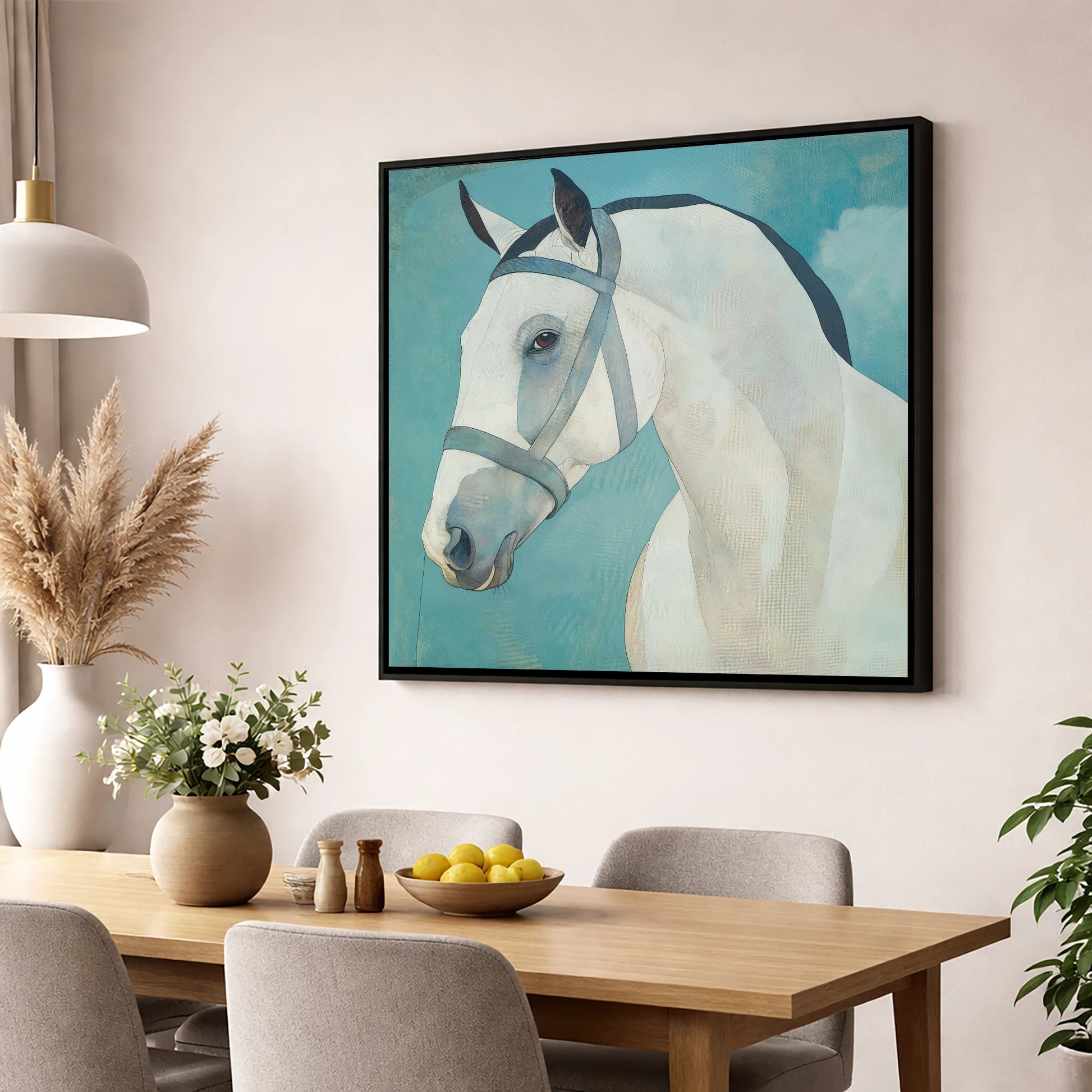 Serene Focus in Teal horse portrait wall art displayed in a dining room