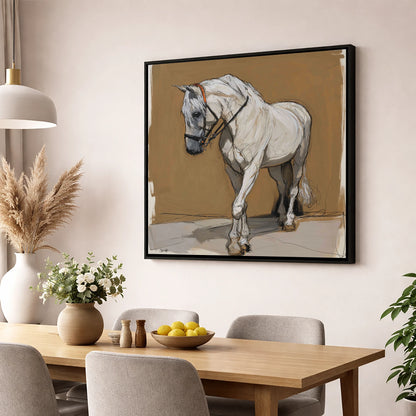 Quiet Contemplation horse portrait wall art displayed in a dining room