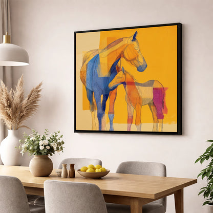 Vibrant Amber Kinship mare & foal wall art displayed in a dining room