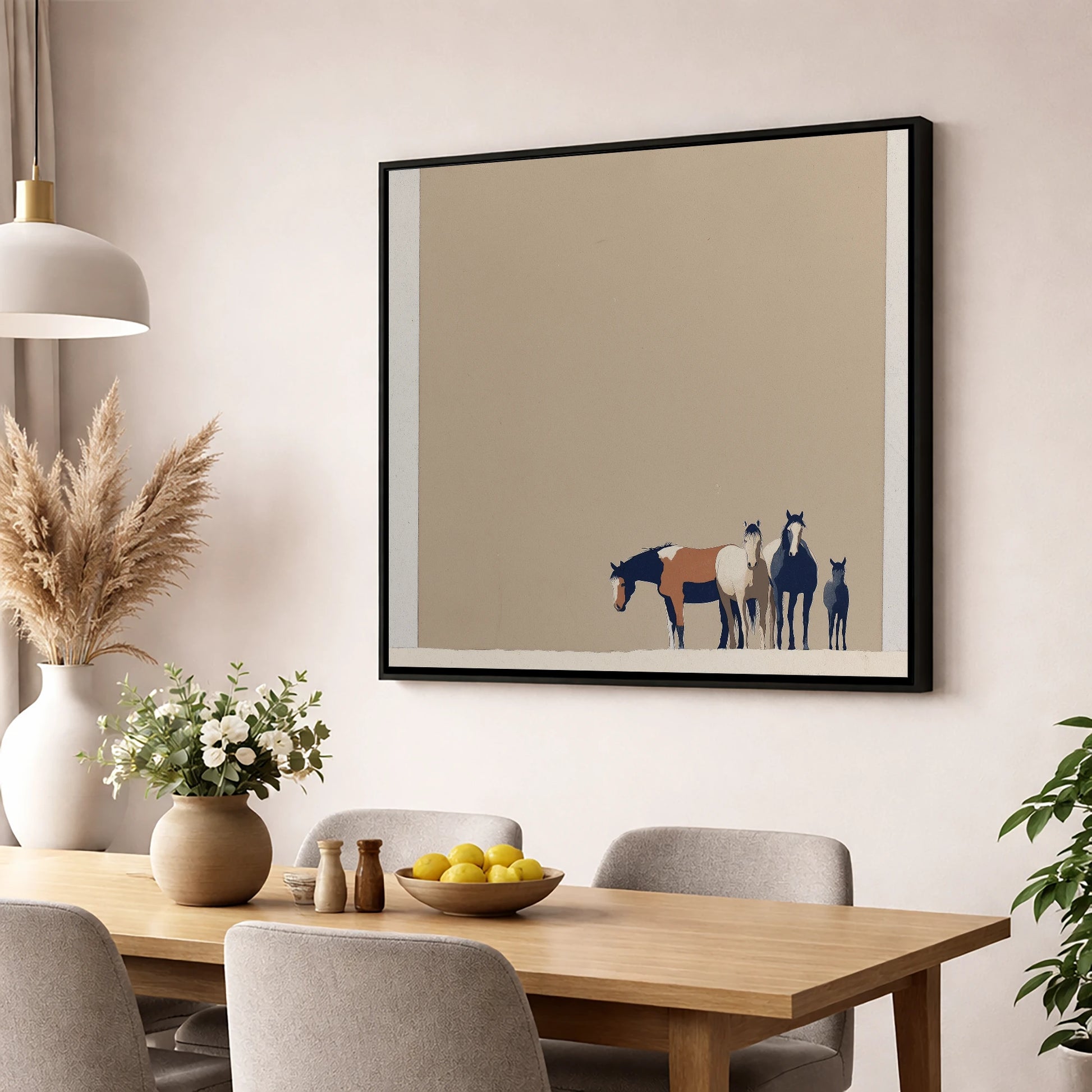 Quiet Desert Herd wild horses wall art displayed in a dining room