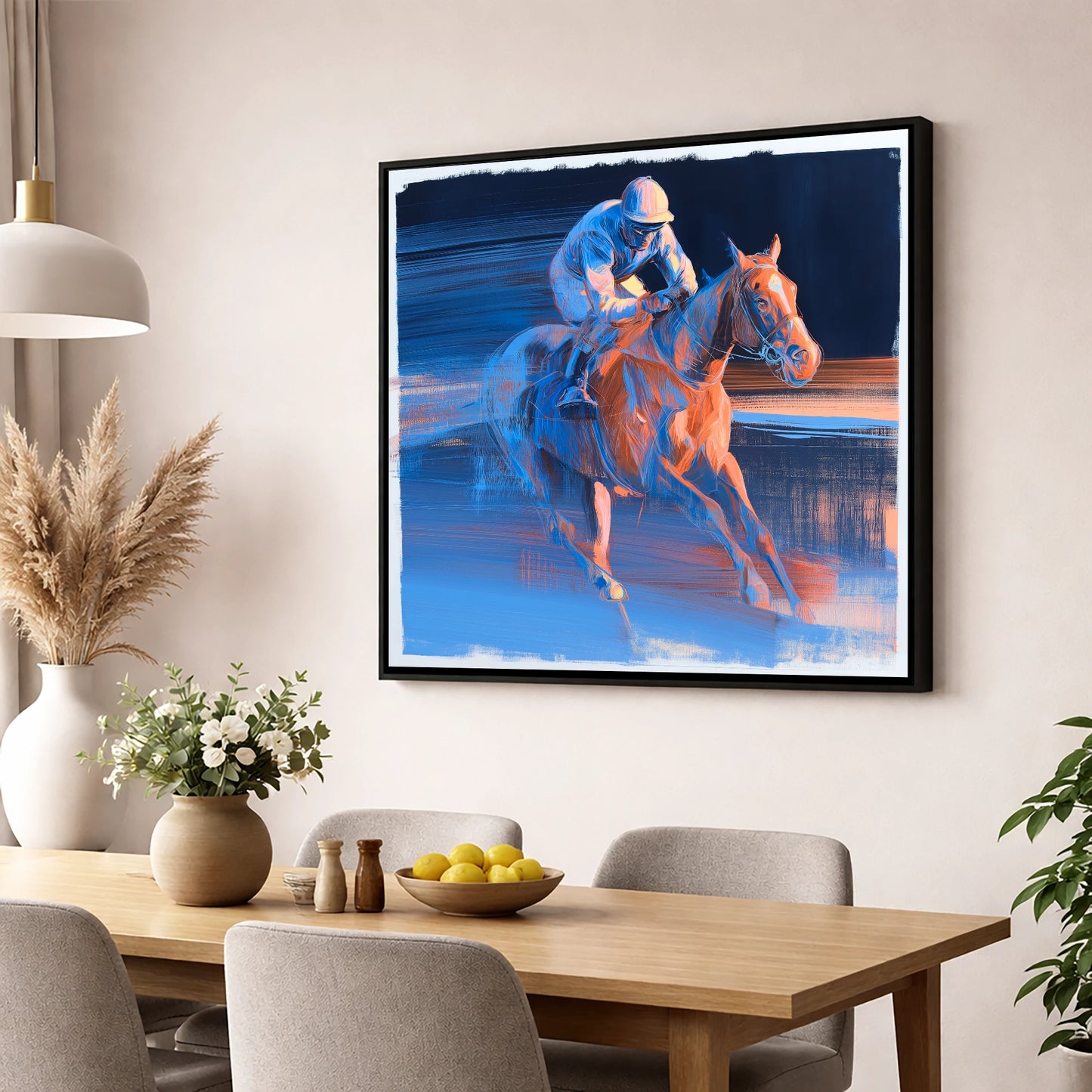 Twilight Stretch racing horse wall art displayed in a dining room