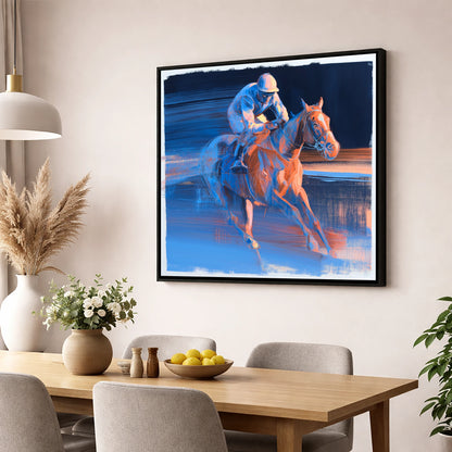 Twilight Stretch racing horse wall art displayed in a dining room
