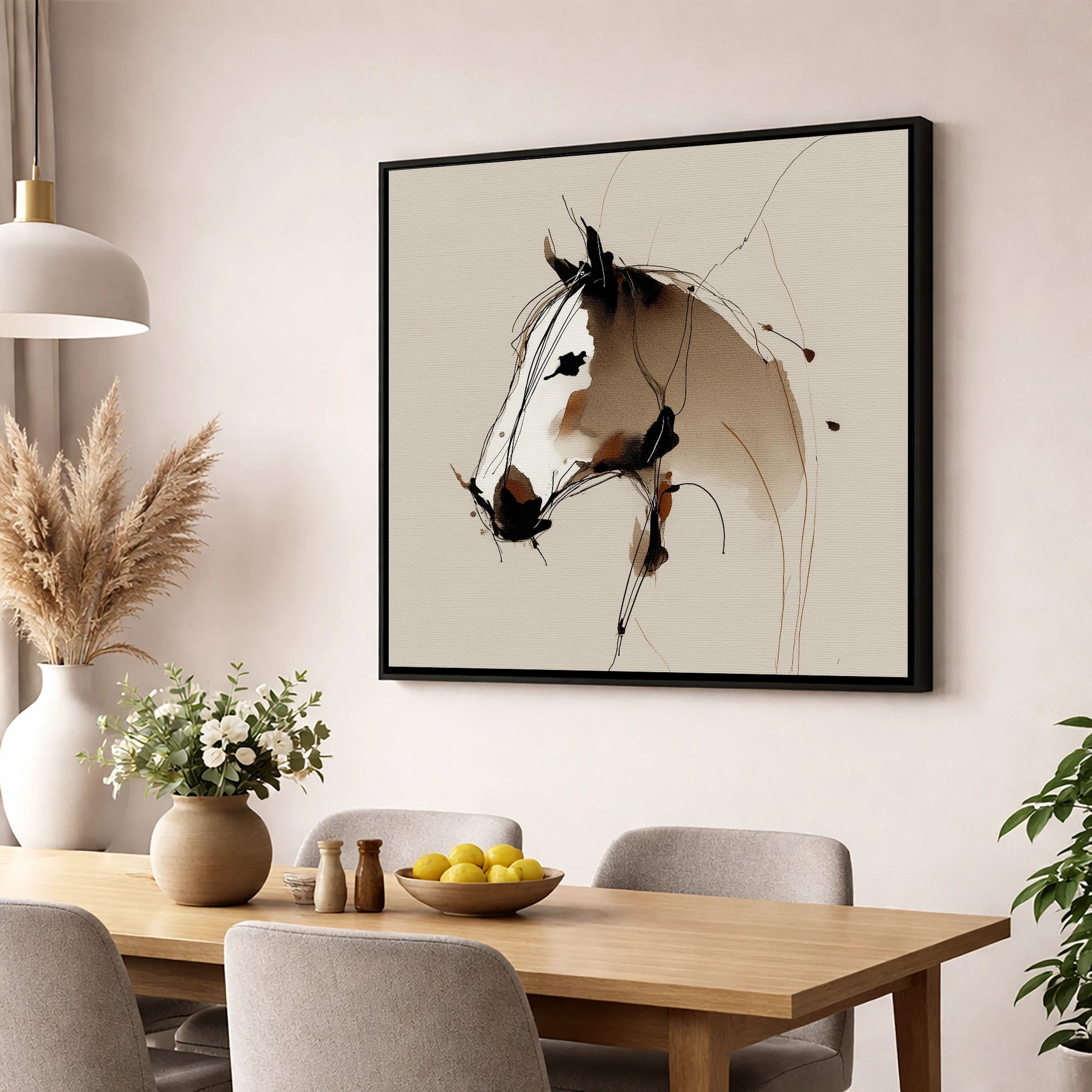 Sepia Equine Spirit horse portrait wall art displayed in a dining room