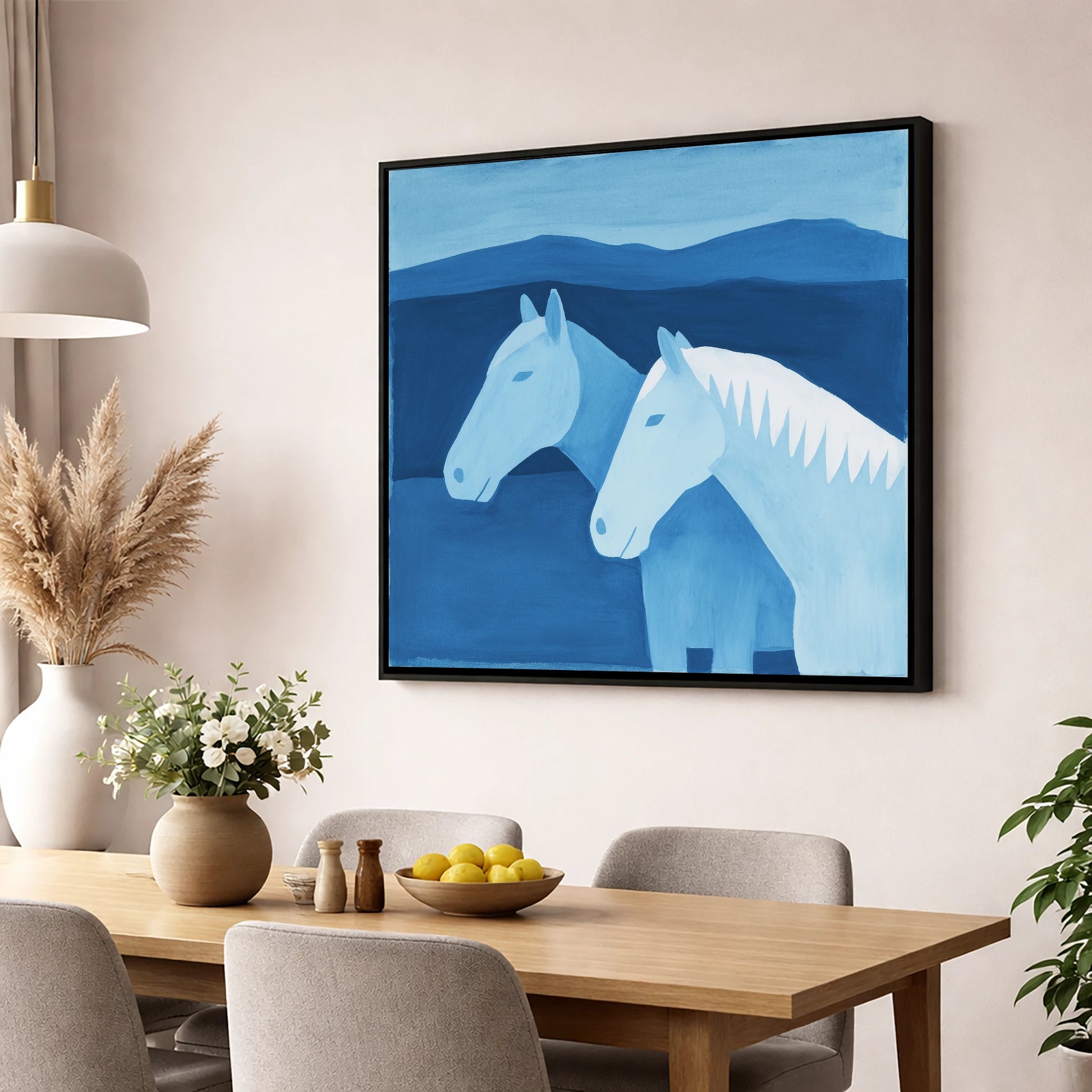 Azure Mountain Companions horse landscape wall art displayed in a dining room