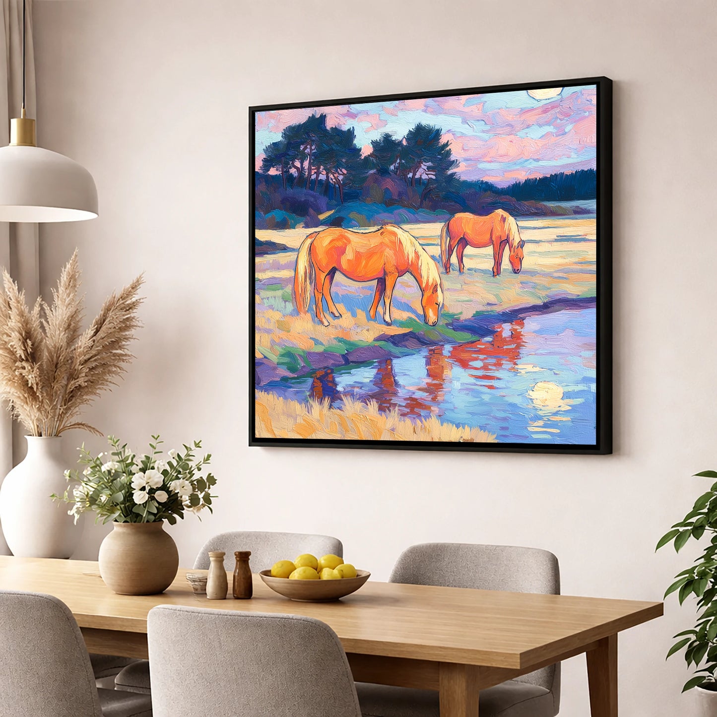 Evening Pasture Reflections horse landscape wall art displayed in a dining room