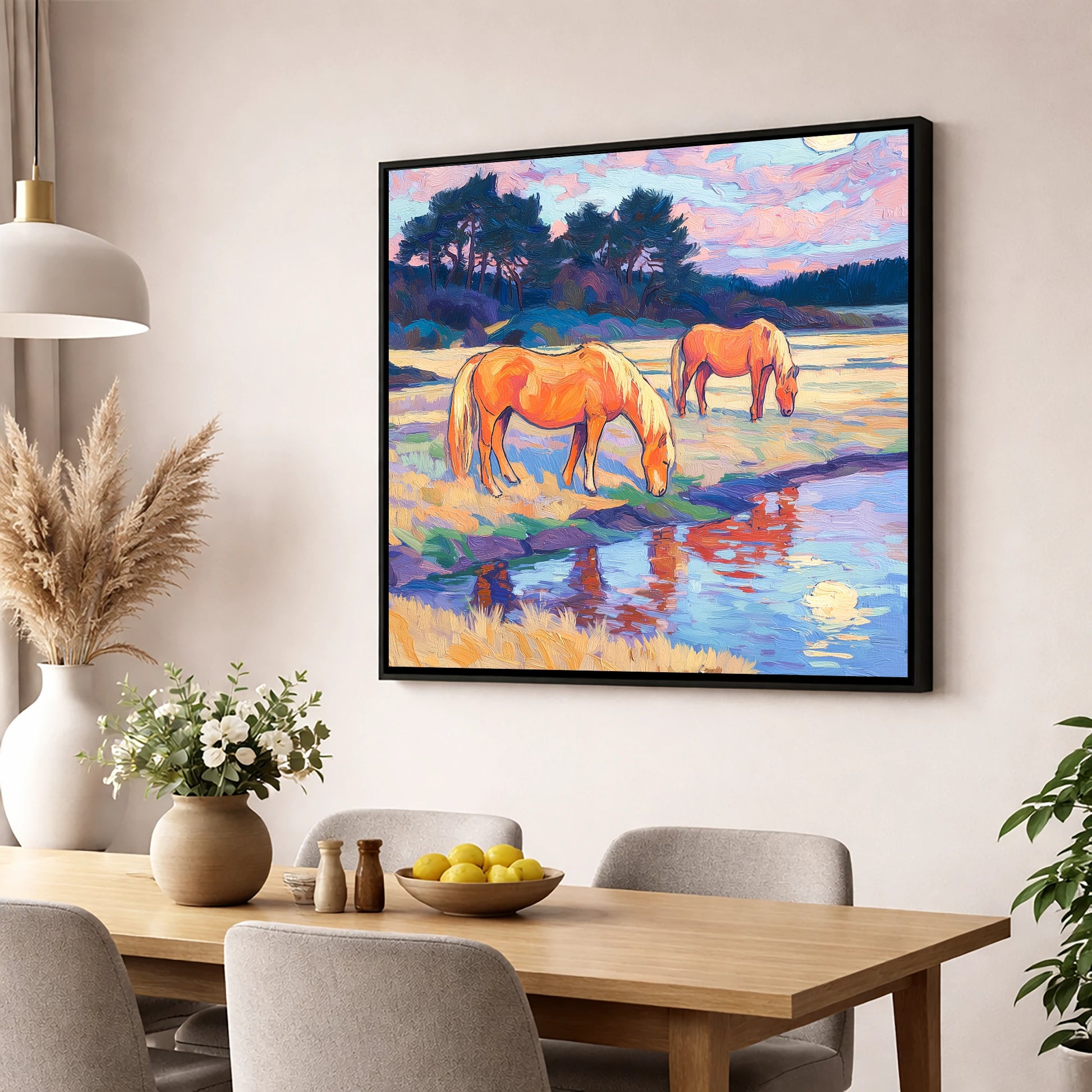 Evening Pasture Reflections horse landscape wall art displayed in a dining room