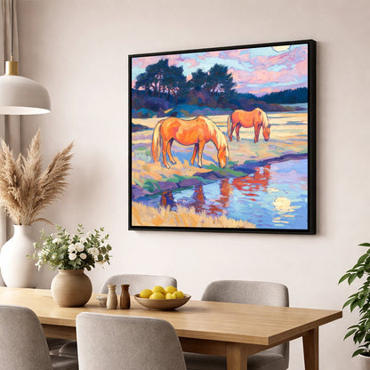 Evening Pasture Reflections horse landscape wall art displayed in a dining room