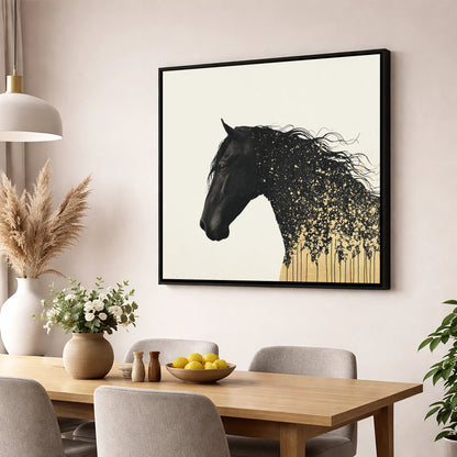 Gilded Midnight Equine horse breed wall art displayed in a dining room