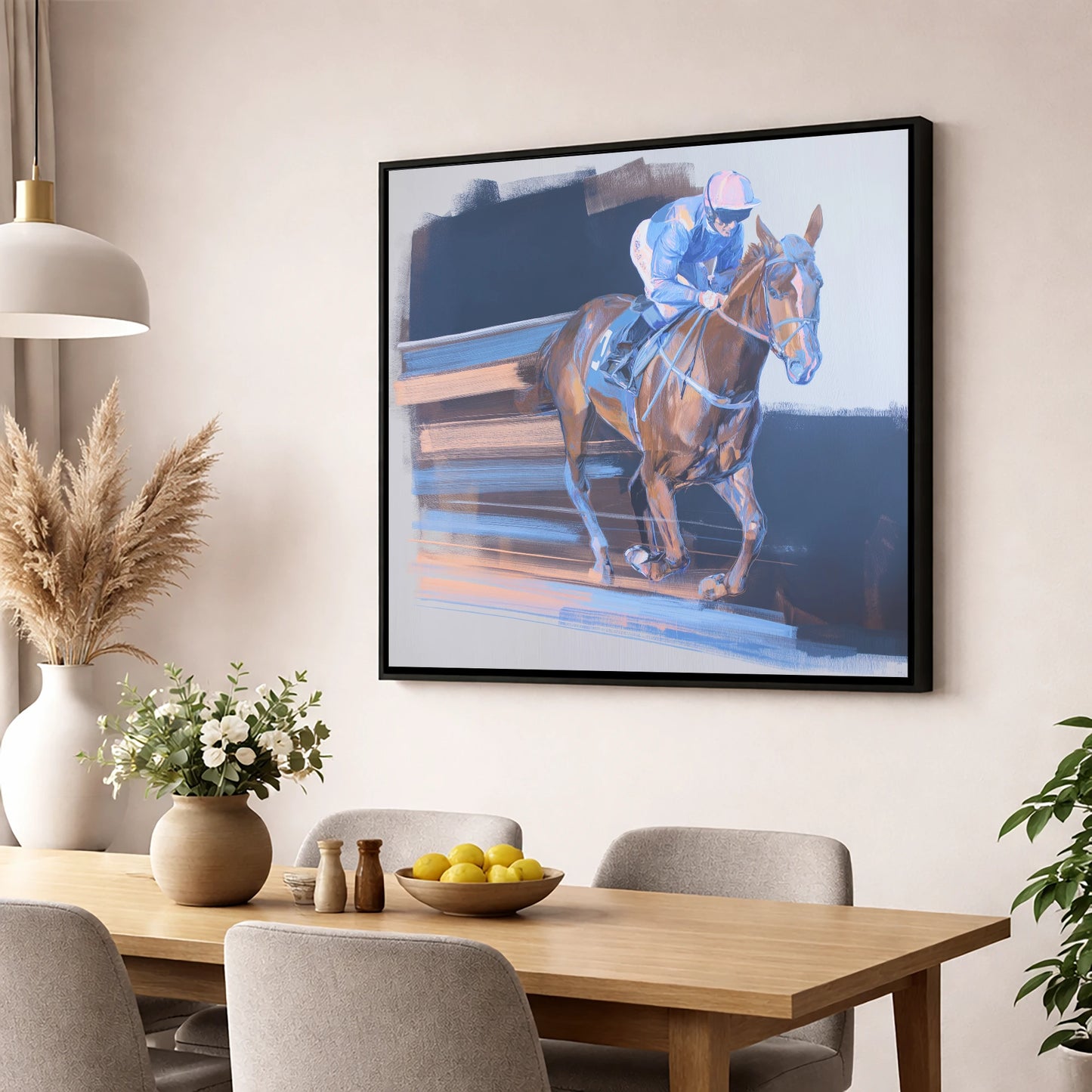 Velocity in Blue racing horse wall art displayed in a dining room