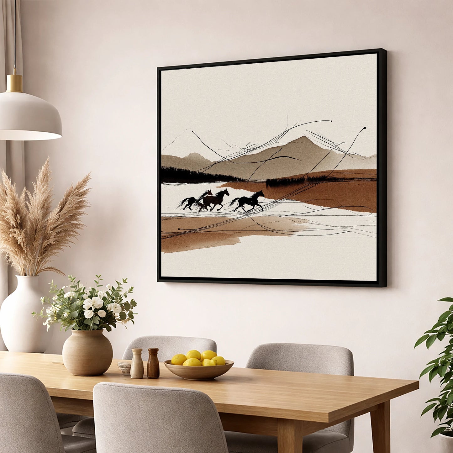Sepia Horizon Herd wild horses wall art displayed in a dining room