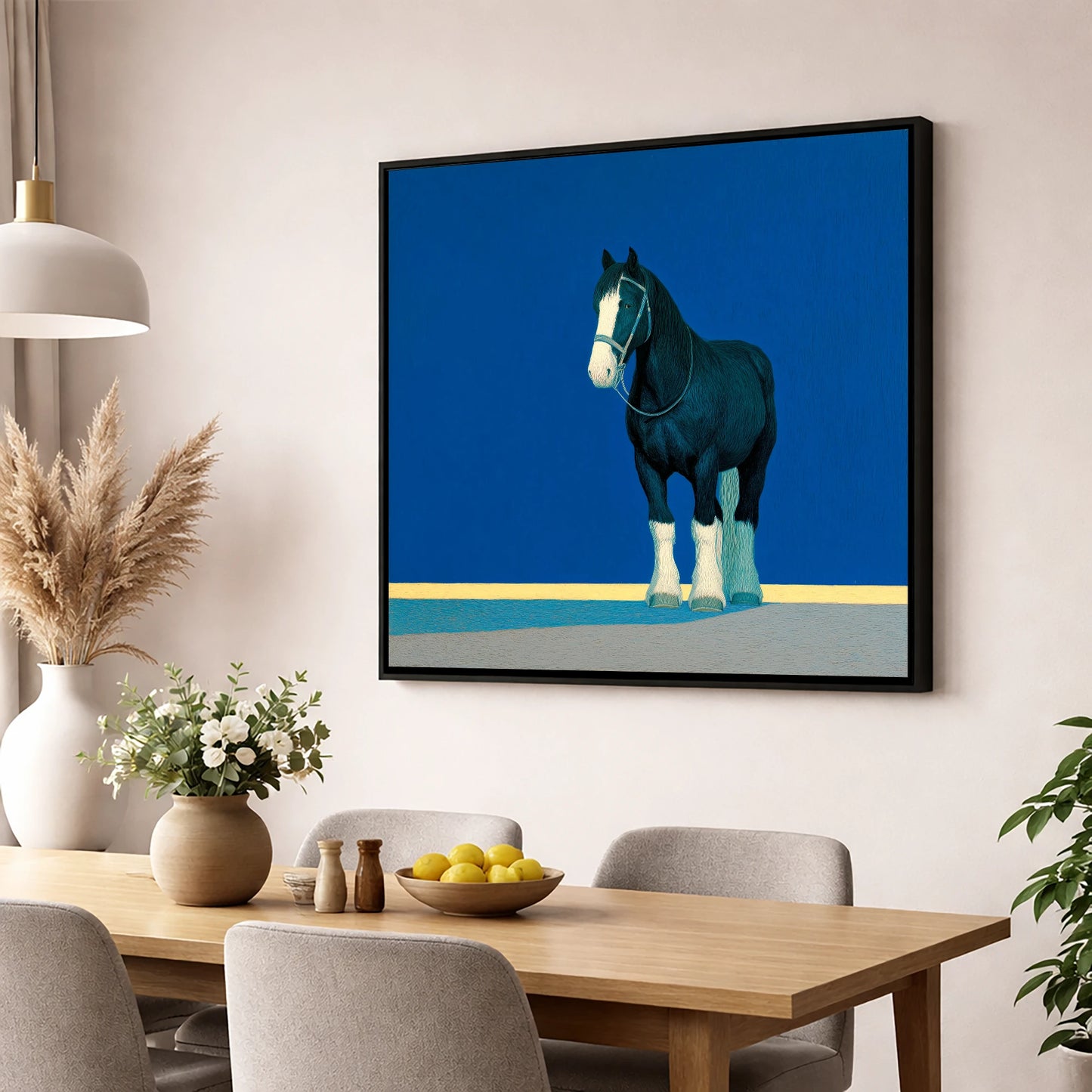 The Cobalt Shire horse breed wall art displayed in a dining room