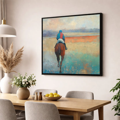 Towards the Start racing horse wall art displayed in a dining room