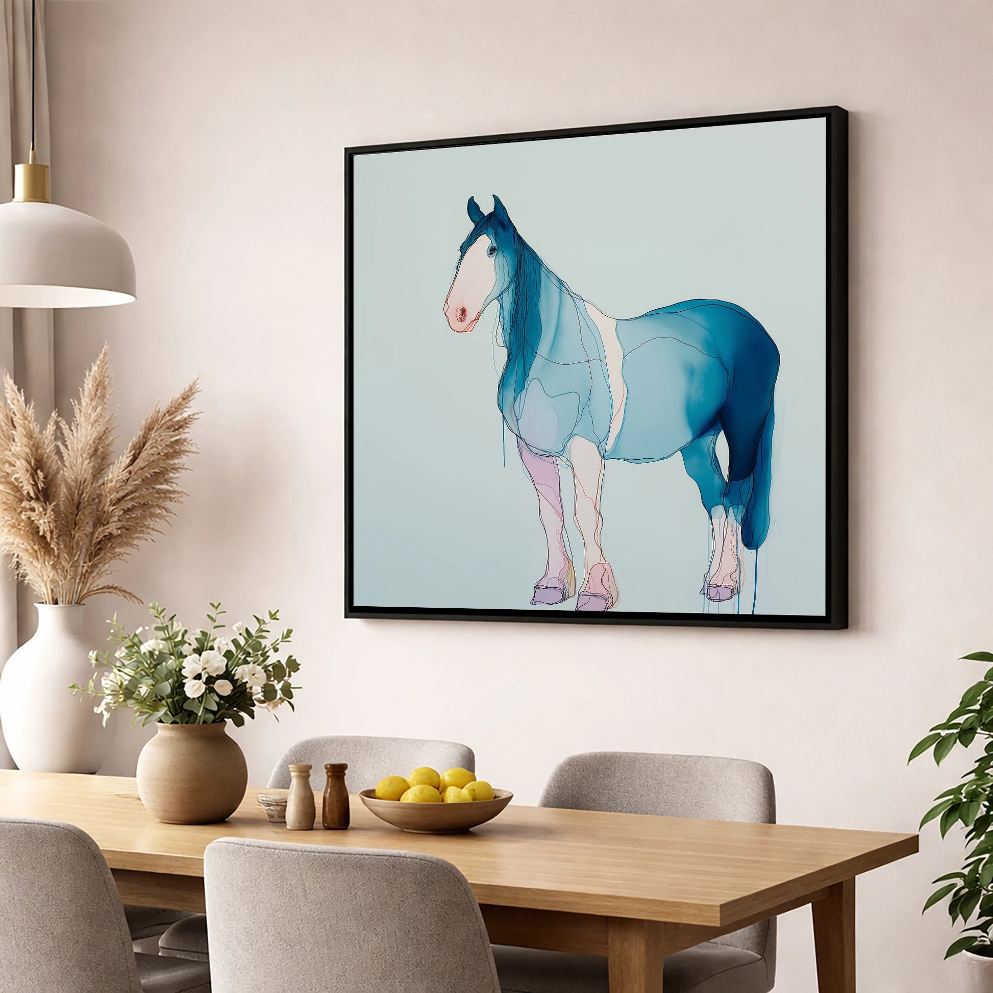 Fluid Cerulean Equine horse breed wall art displayed in a dining room