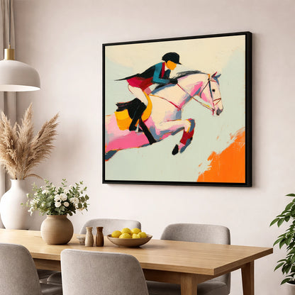 Technicolour Showjumper show jumping horse wall art displayed in a dining room