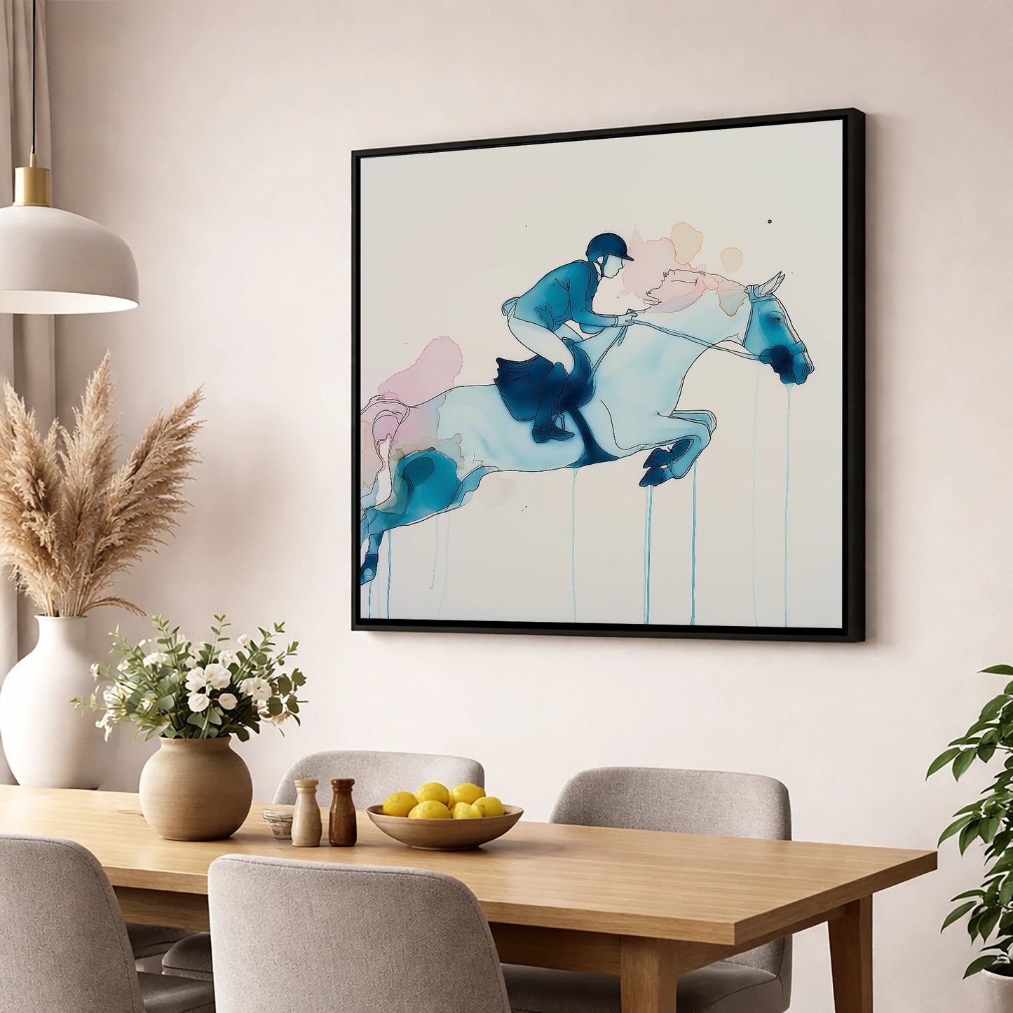Cerulean Flight show jumping horse wall art displayed in a dining room
