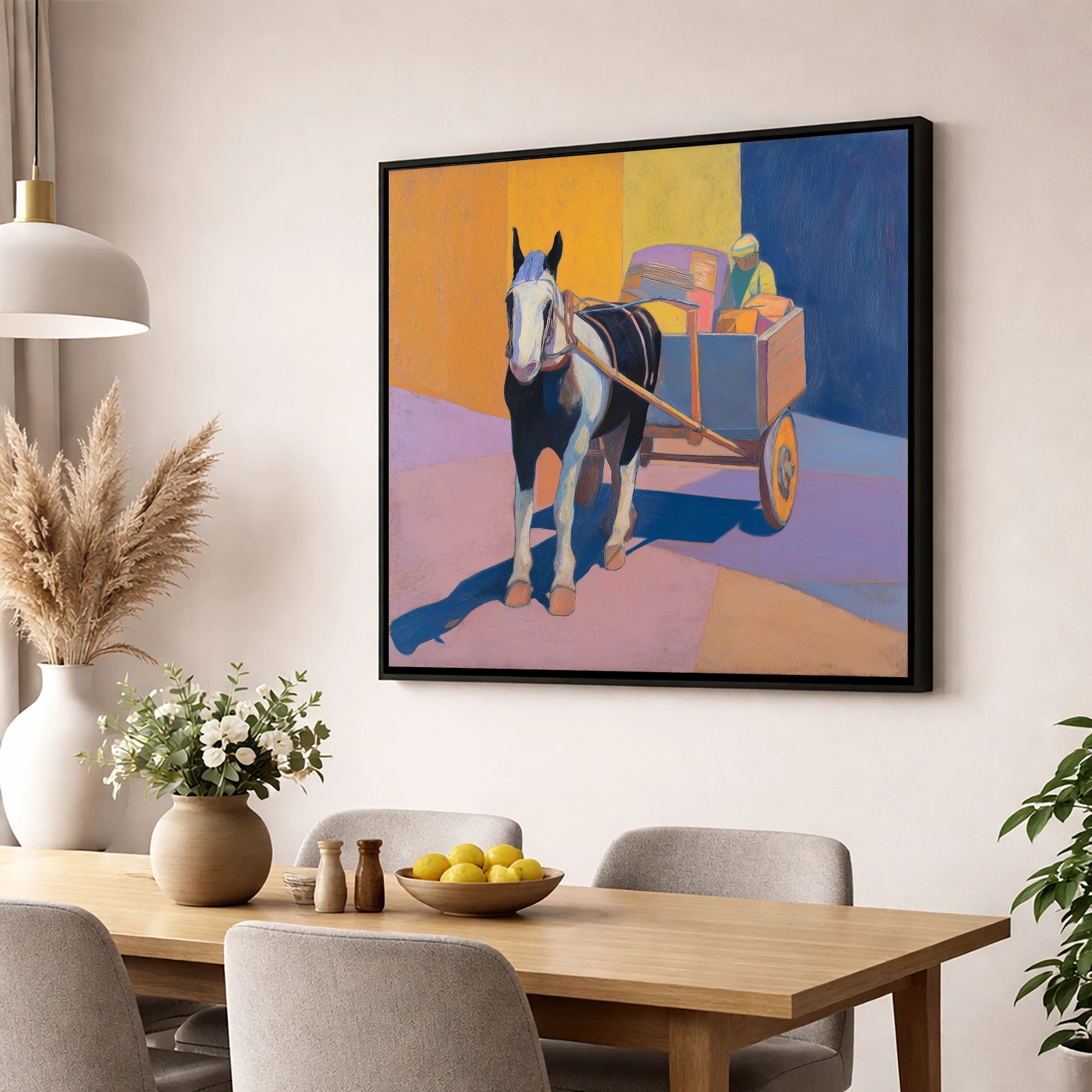 Bold Sunlit Cart Horse working horse wall art displayed in a dining room