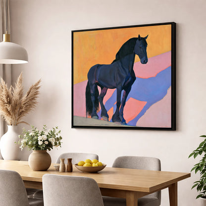 Black Friesian On Vibrant Orange horse breed wall art displayed in a dining room