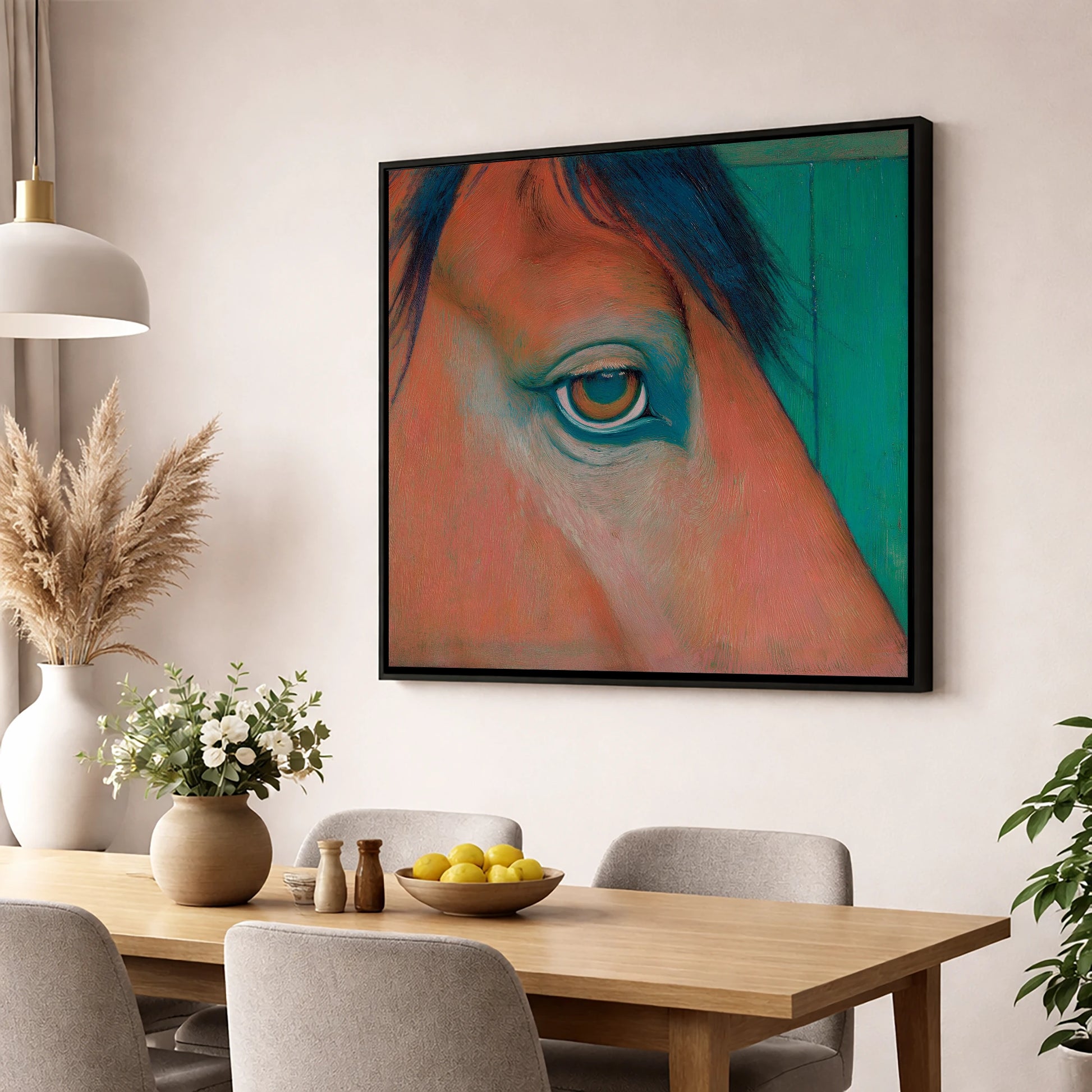 Soulful Emerald Gaze horse portrait wall art displayed in a dining room