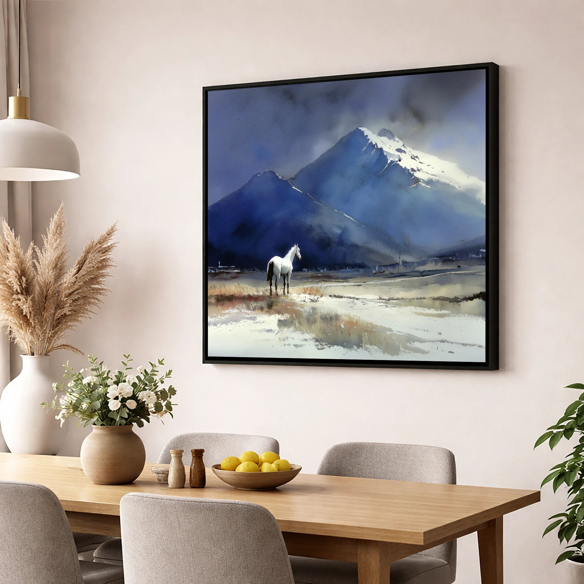 Winter Alpine Solitude horse landscape wall art displayed in a dining room