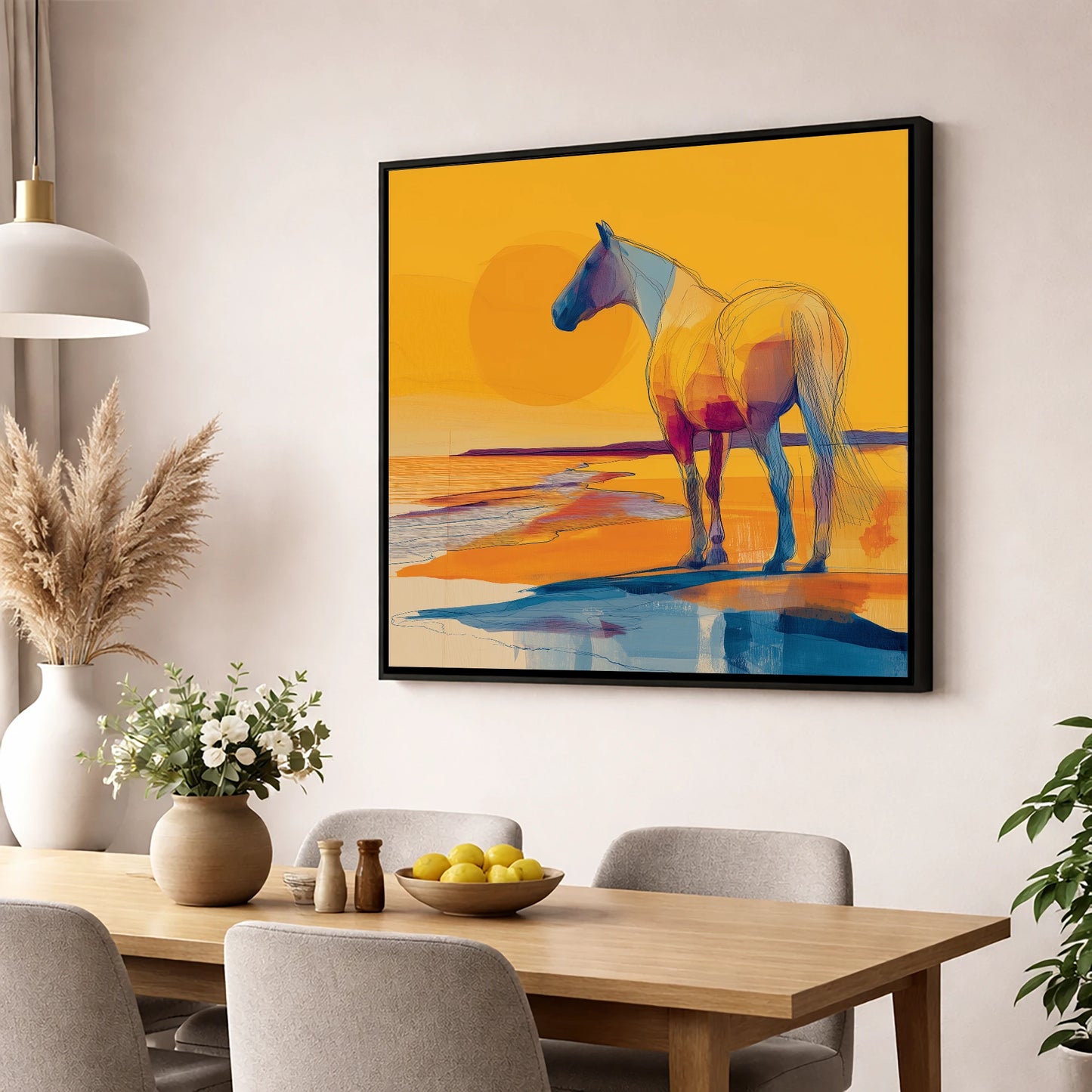 Golden Shoreline Silhouette horse landscape wall art displayed in a dining room