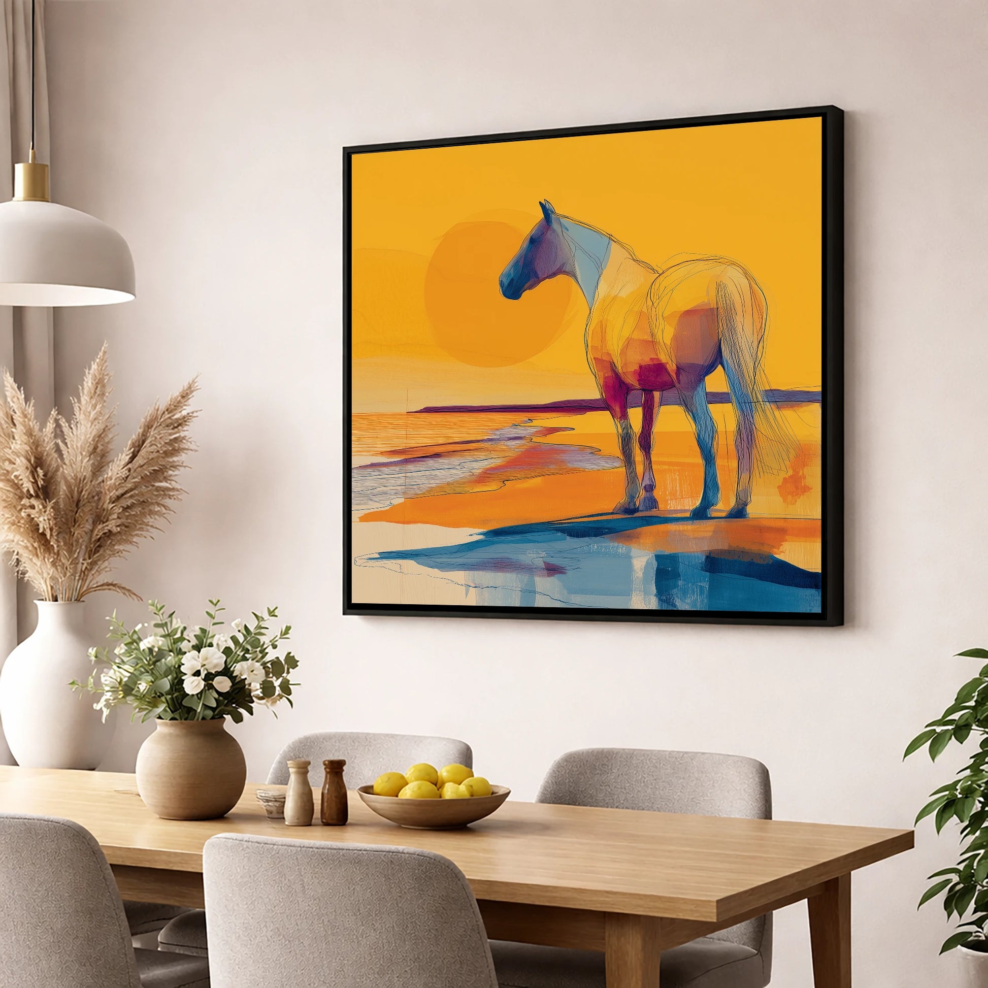 Golden Shoreline Silhouette horse landscape wall art displayed in a dining room