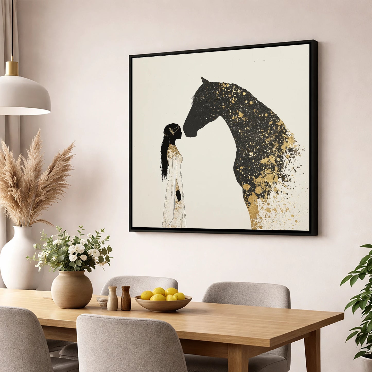 Gilded Bond horse & rider wall art displayed in a dining room