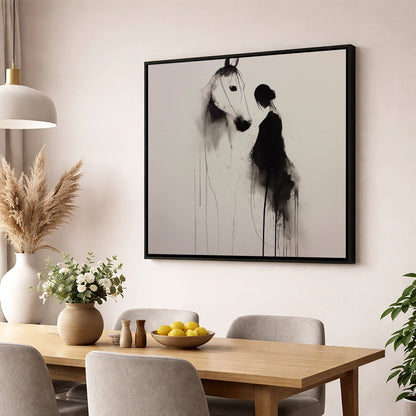 The Unspoken Bond horse & rider wall art displayed in a dining room
