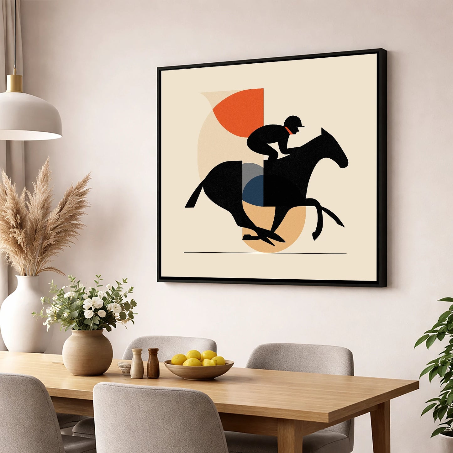 Retro Racing Silhouette racing horse wall art displayed in a dining room